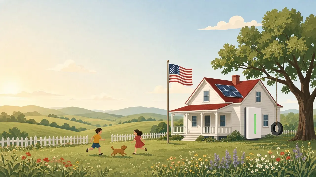 Illustration of a sunny American farmhouse with solar panels on the roof, a glowing green home backup battery beside the house, an American flag in the yard, and children playing with their dog